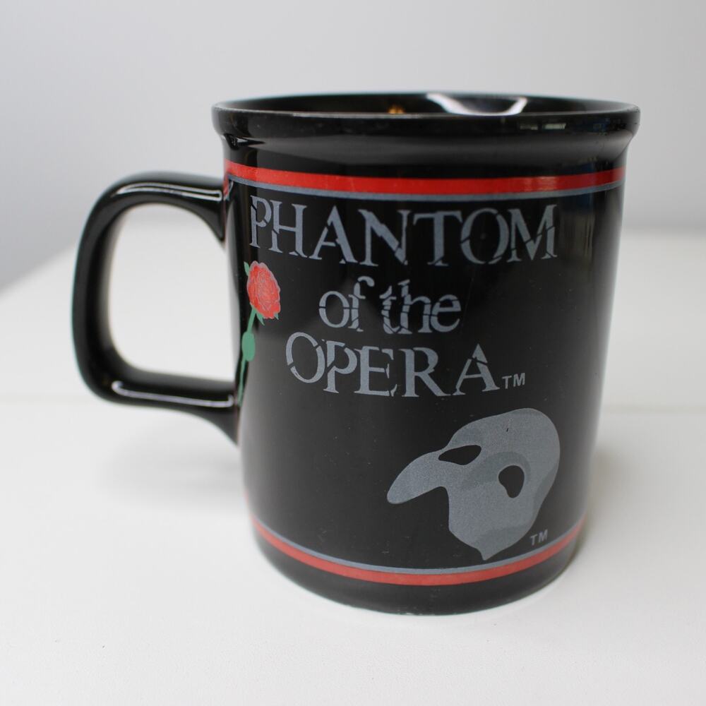 Vintage 80s PHANTOM OF THE OPERA 1988 Coffee Mug Cup BLACK RED ROSE MASK Enesco